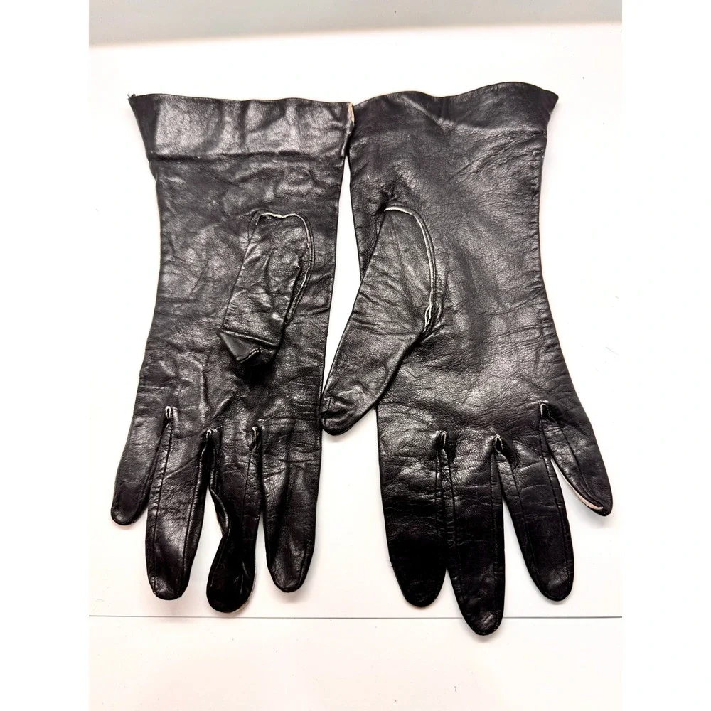 Vintage Black Leather Gloves Embellishd Floral Detail Mid Century Size 7 Fair‎
